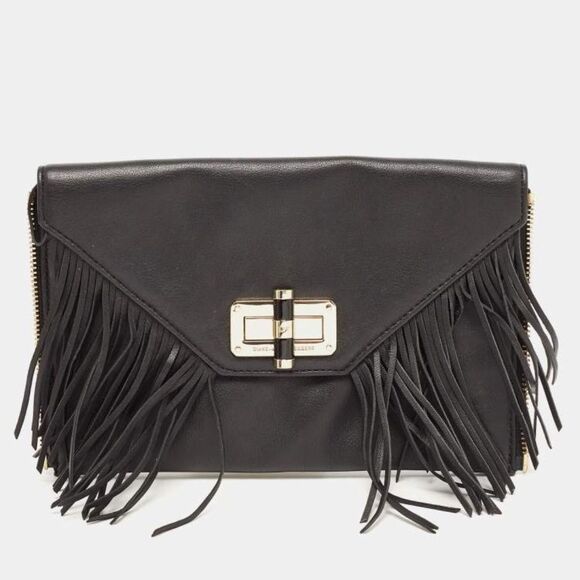 DVF Black Leather Folio Clutch with Fringe & Turnlock Closure Card Slots Flap - Picture 1 of 11
